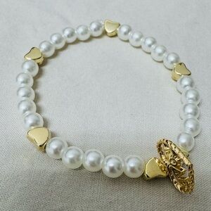 Gold and White Pearl Charm Bracelet